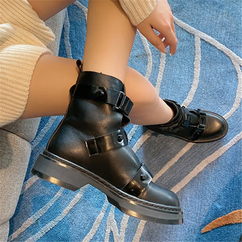 

Mabaiwan Fashion 2021 Winter Ankle Boots For Women Motorcycle Short Boots Platform Chunky Heel Buckle Shoes Snow Military Boots