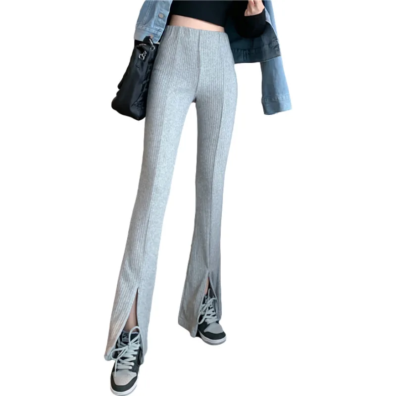 

New High Waist Slim Body Solid Flare Pants 2021 Women's Autumn and Winter Gray Sports Pants Straight Knit Casual Trousers Pop
