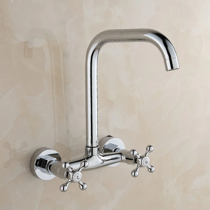 

Kitchen Faucet Wall Mounted Bathroom Basin Faucet 360 Degree Rotation Double Handle Dual Hole Cold and Hot Water Mixer Tap Crane