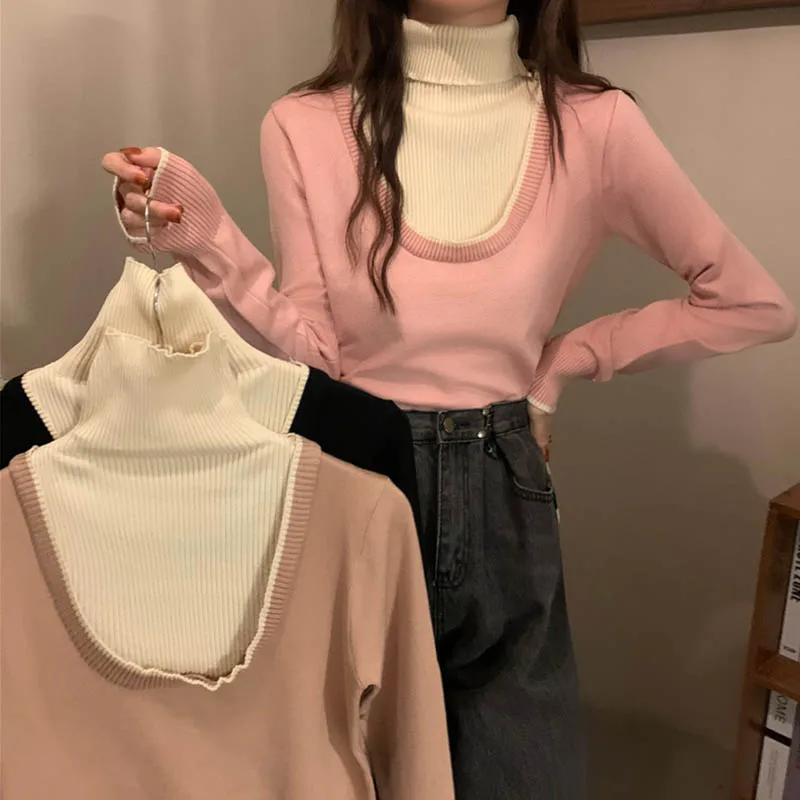 

Новинка Осень-зима 2021, модный свободный свитер с высоким воротником и контрастной строчкой, имитация двух частей, свитер с длинными рукавам...