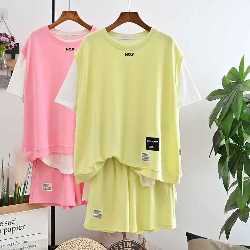 

Summer Women 3 Pieces Casual Sweat Shorts Sets 2021 New Ultra Soft Loose Cotton Tee and Vest Top Drawstring Jogger Shorts Suits