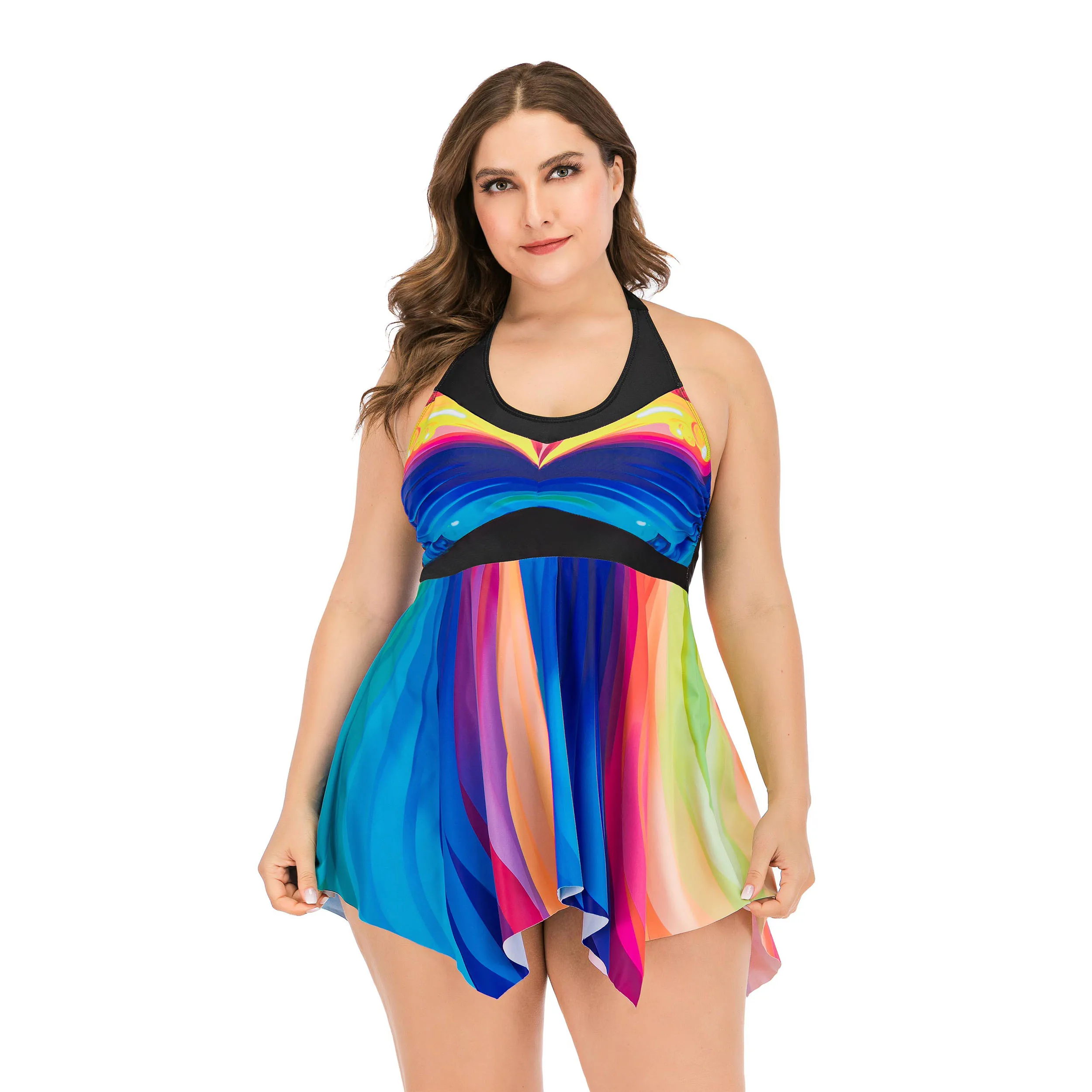 

Women's Plus Size Rainbow Stripes Halter Asymmetric Tankini Swimsuit