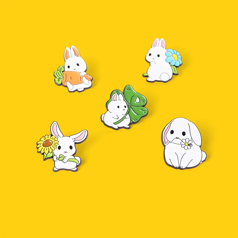 

Lovely Rabbits Enamel Pin White Sunflower Carrot Custom Brooches Hat Backpack Clothes Adorable Cartoon Badge Gift for Women Men