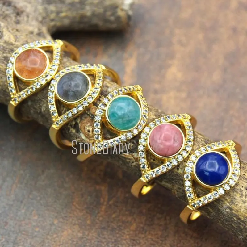 

RM15532 10Pcs Amazonite, Labradorite, Blue Rock, Sunstone Ring Clear Cz Micro Inserts Pure Gold Color Marquise Ring Adjustable