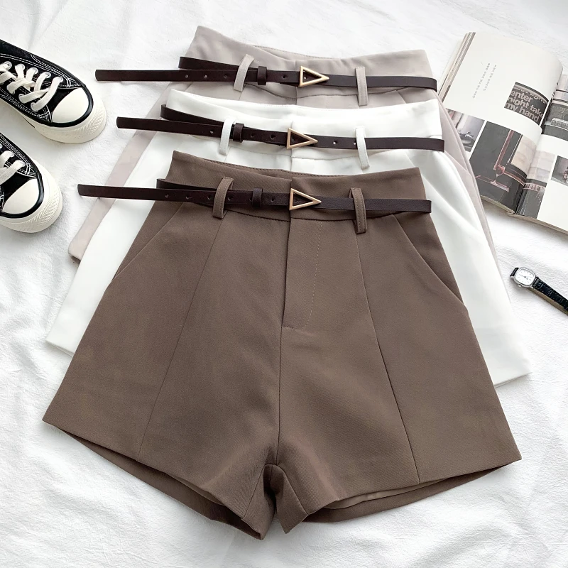 

2021 New Casual Comfortable Elegant Wild Shorts With Belt Women's Woolen Shorts Autumn Winter Slim Wide Leg A-line Shorts