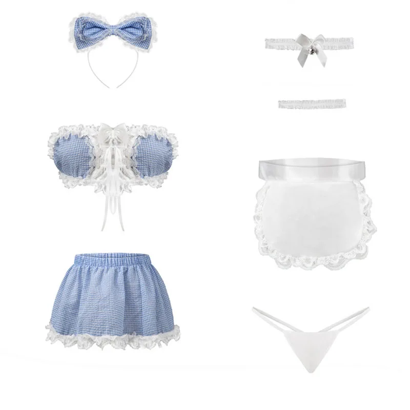 

Sexy Anime Cinderella Lolita Cosplay Costume Blue lattice Kawaii Waitress Uniform Pleated Tempting Erotic Sexy Bikini Underwear