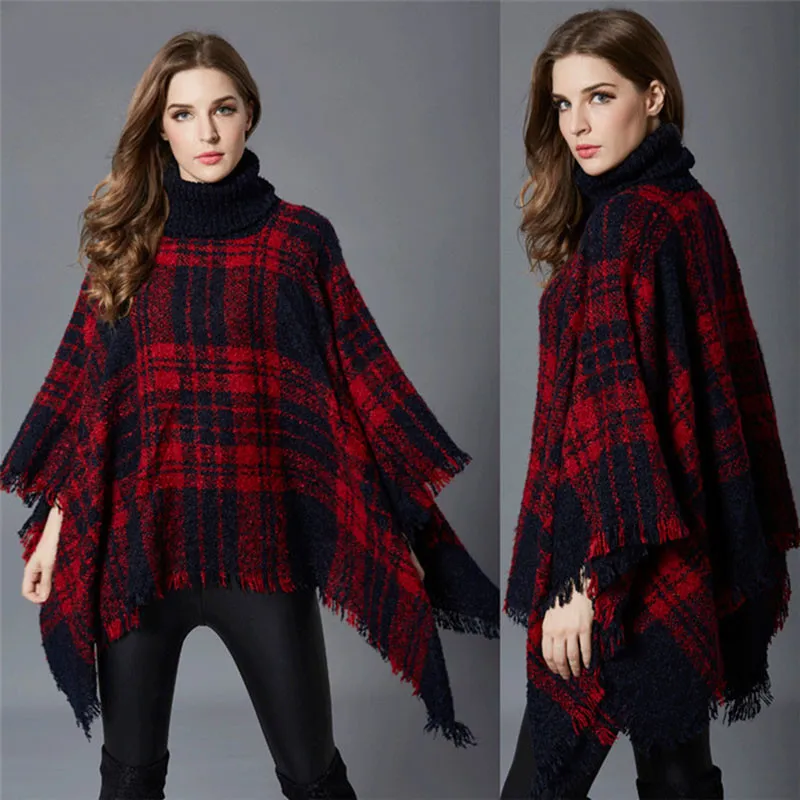 

Turtleneck Sweater Women Jumper Retro Plaid Mid-Long Cloak Shawl Autumn Winter Women's Bat Sweater Coat Outerwear A667