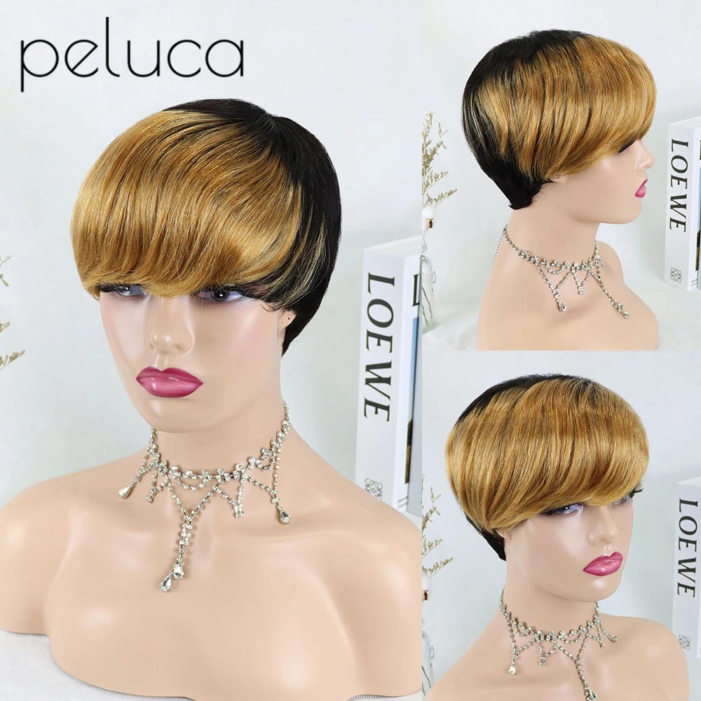 

1BT27/30/BUG Color Highlight Short CutHuman Hair Wigs With Natural Bangs For Black Women Brazilian Straight No Lace Wig