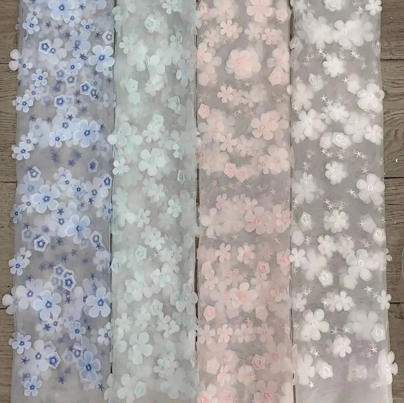 

1yard 150cm Width Mesh floral Embroidered Lace Fabric Clothing Evening Girl's Dress Clothes sewing Materials Pink blue white