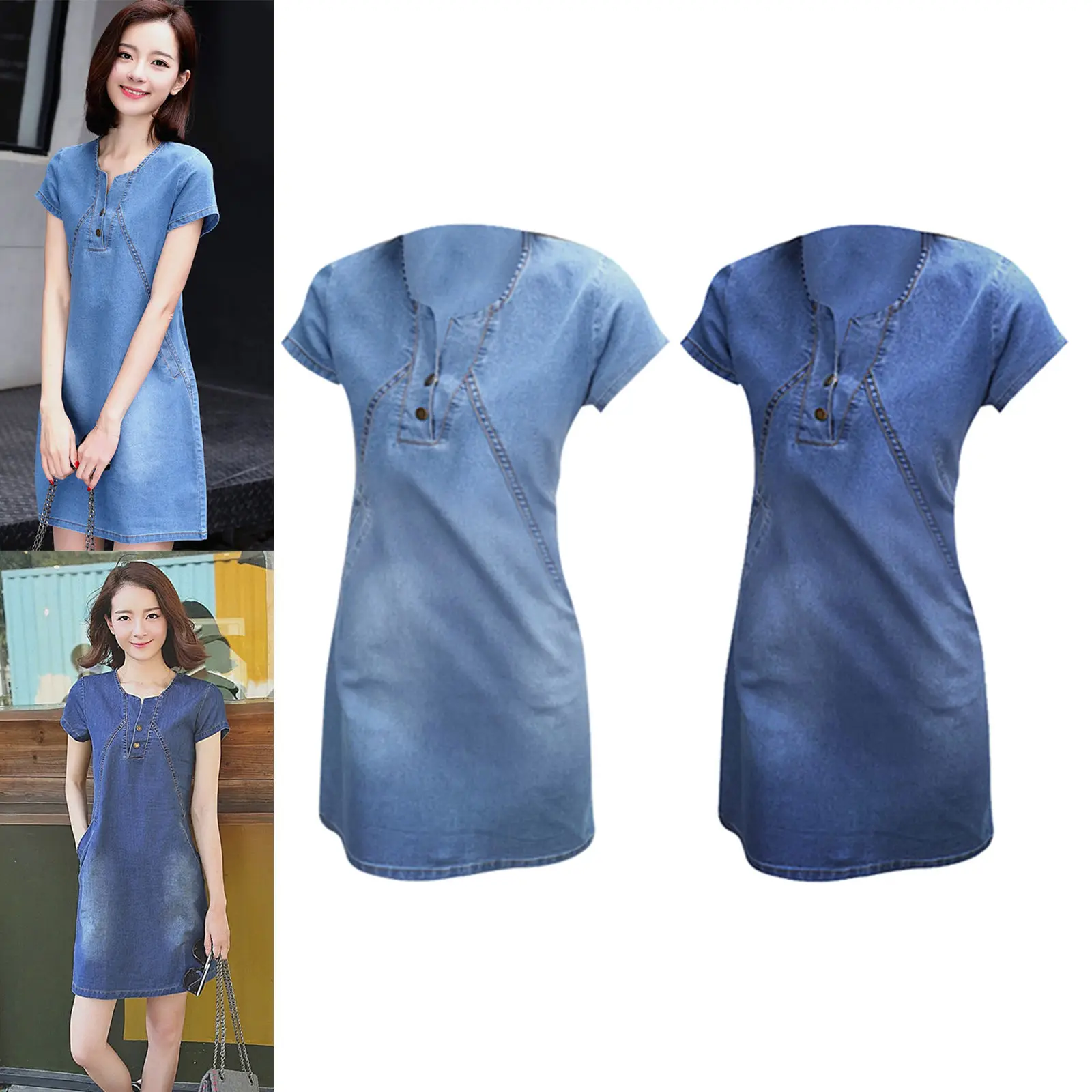 

Women's Denim Dress Spring Summer Elegant Office Lady V-neck Button Denim Sexy Ladies Jeans Above Knee Length Dress