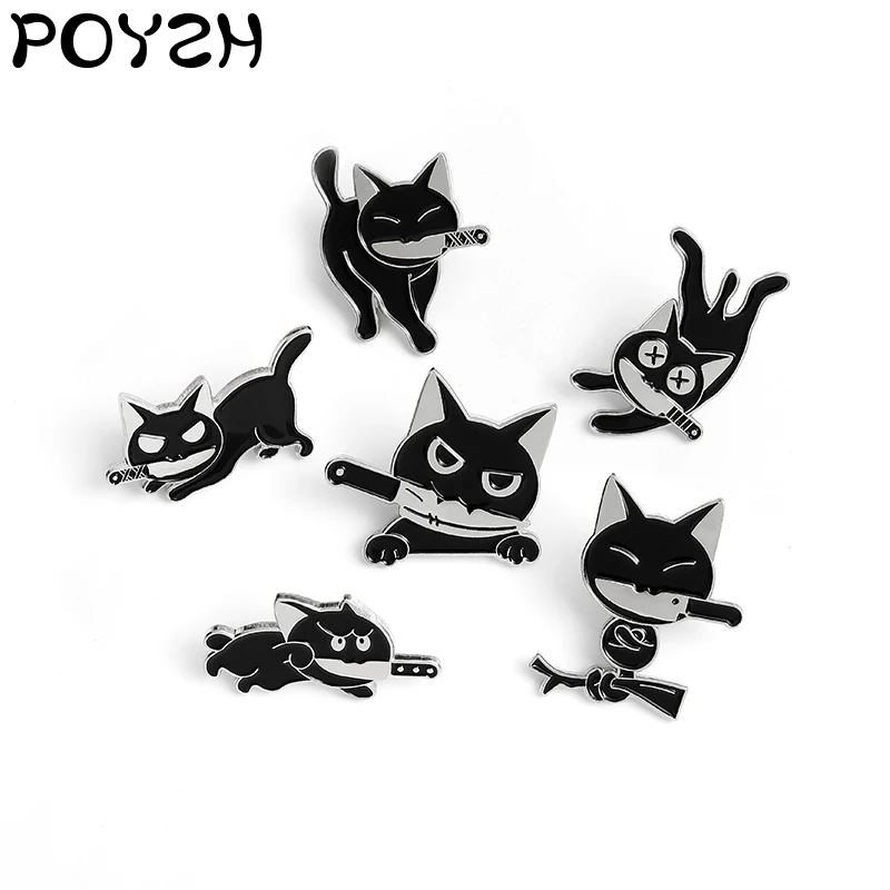 Черная кошка с ножом в основания бокала эмалевая брошь убийца черная Охота штырь