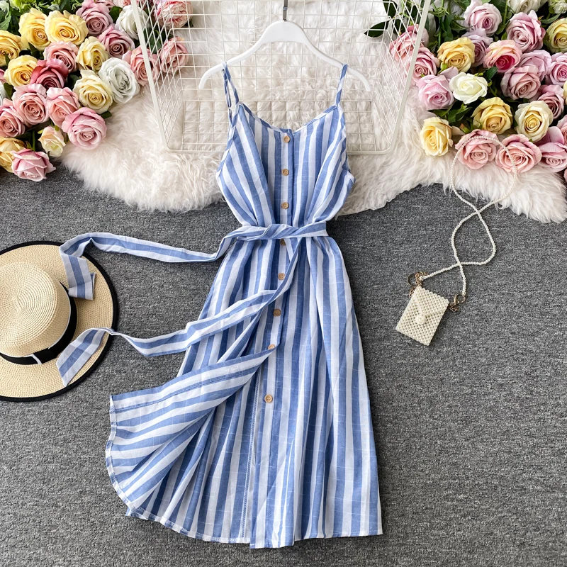 

Женское винтажное платье миди на бретелях-спагетти, облегающее платье с высокой талией и принтом в полоску во французском стиле, Пляжное Пл...