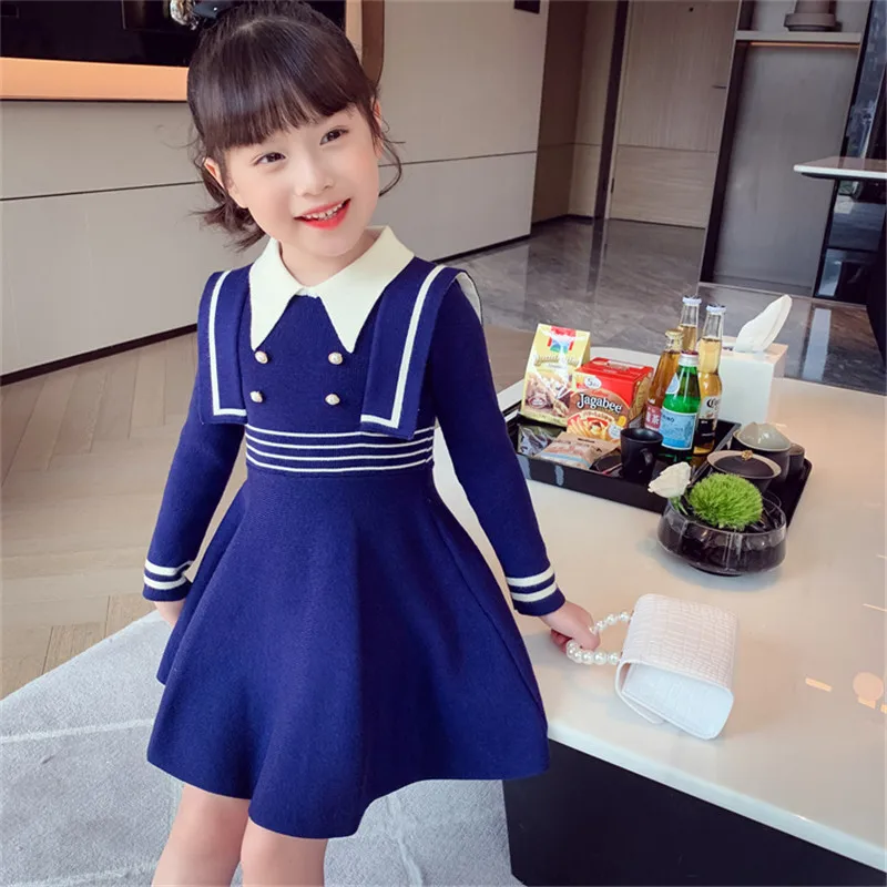 

Navy Collar Knitted Dress Baby Girl Dress Autumn and Winter Knitted Sweater Dress Thick Warm Sweater Dress Girl Princess Dress
