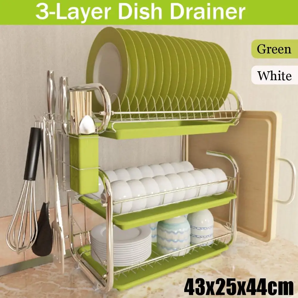 

3 Tiers Stainless Dish Drainer Kitchen Dish Rack Storage Shelf Washing Holder Basket Plated Knife Sink Drying Organizer Tools