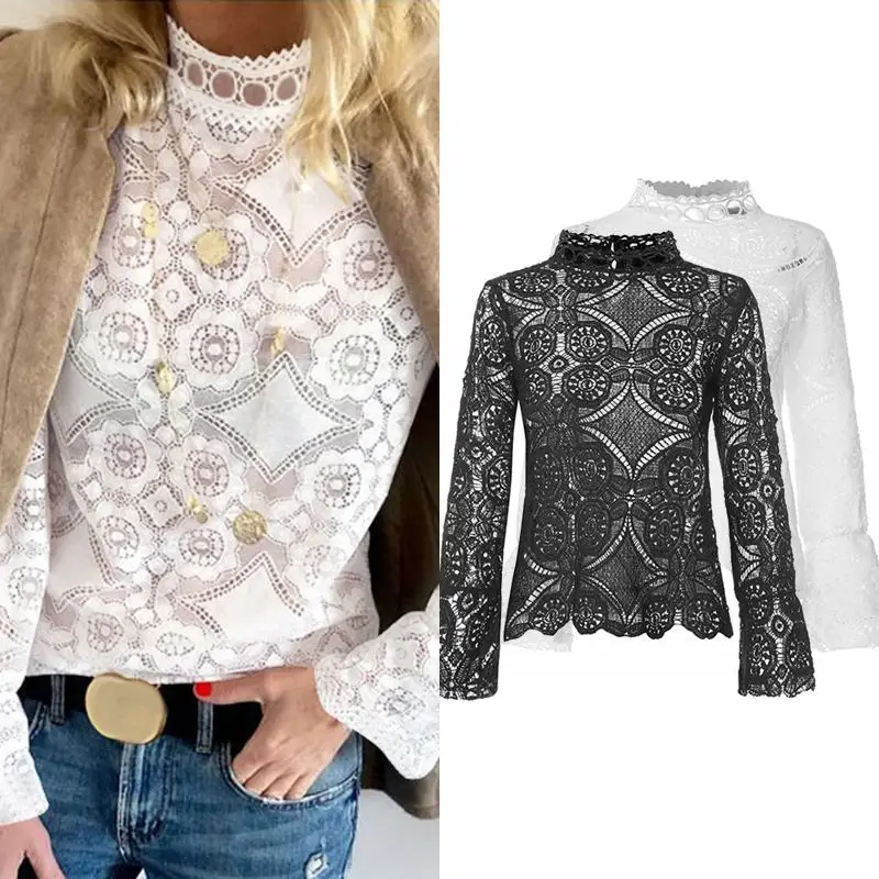 Кружевные белые блузки VONDA 2020 сексуальные повседневные рубашки с круглым вырезом