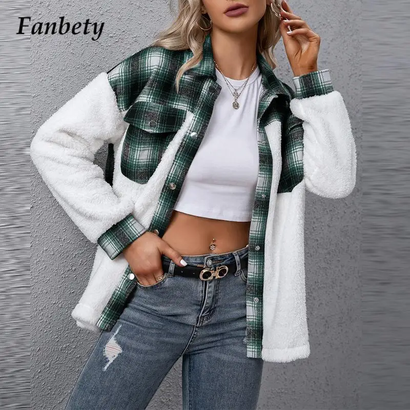 

Женская флисовая куртка в клетку, Повседневная Свободная теплая куртка на пуговицах с отложным воротником, в стиле пэчворк, зима 2021