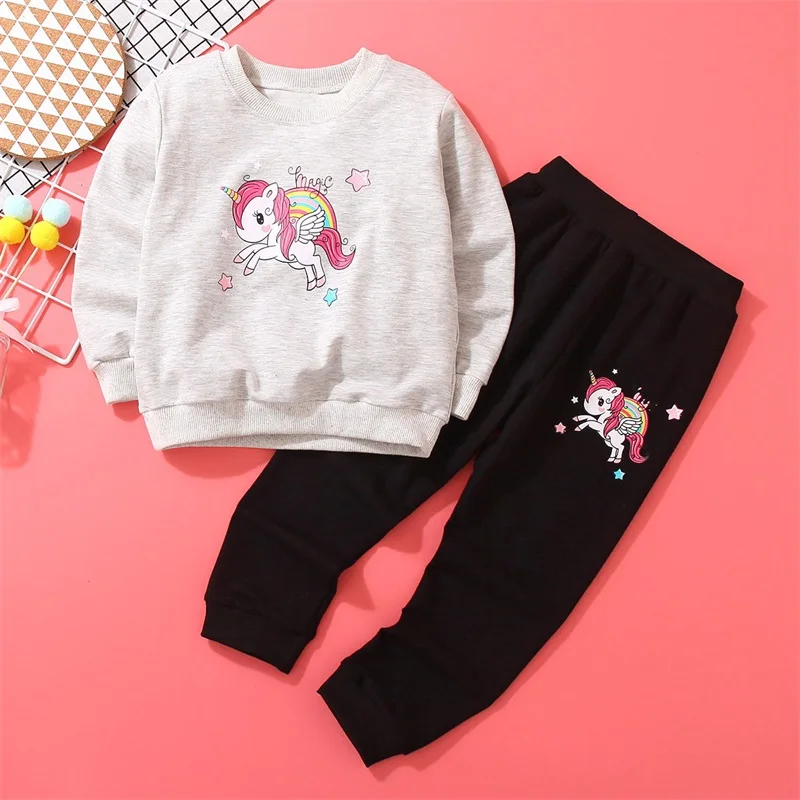 

New Autumn Girl Cartoon Unicorn Dinosaur Bunny Print Casual Children Cotton Loose Comfortable Suit