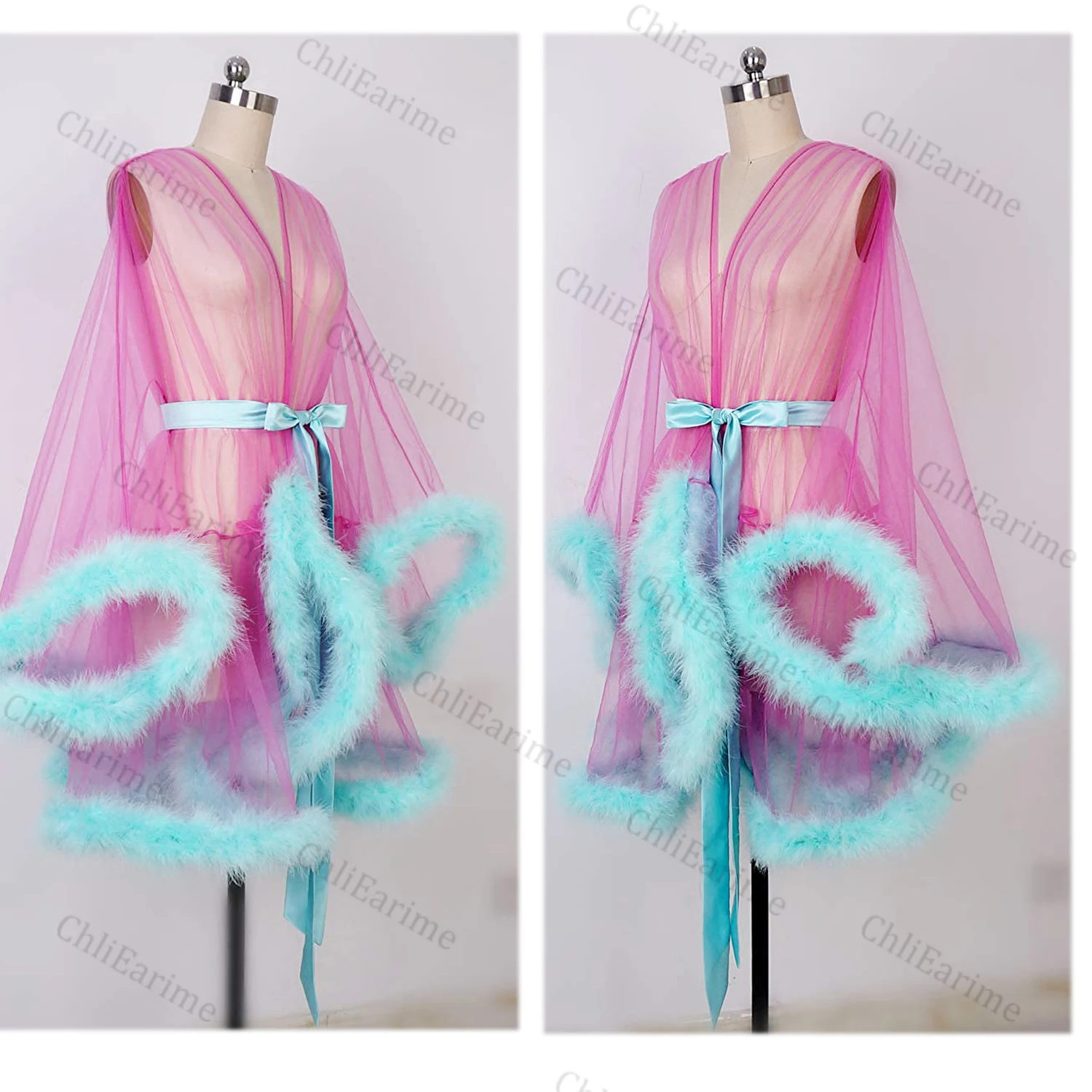 

Sexy Feather Robe Illusion Fur Trim Boudoir Robe Nightgown Bathrobe Bridal Lingerie Wedding Scarf