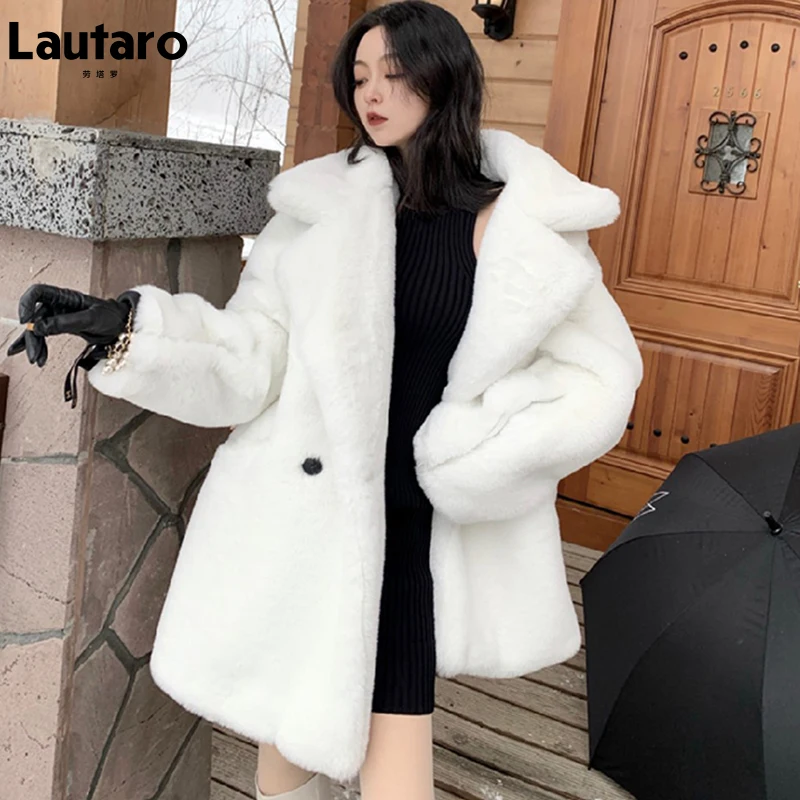 Lautaro Зимнее теплое белое пальто из искусственного меха для женщин с длинным