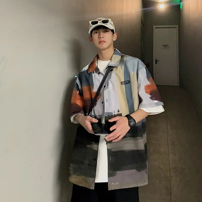 

Summer Printing Dyeing Shirt Men Korean Fashion Loose Casual Shirt Men Harajuku Streetwear Hip-hop Retro Short-sleeved Shirt Men