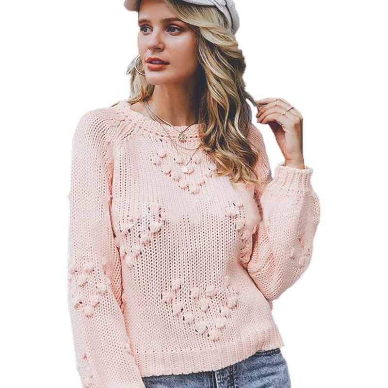 Женский однотонный пуловер с помпоном свободный простой вязаный свитер для