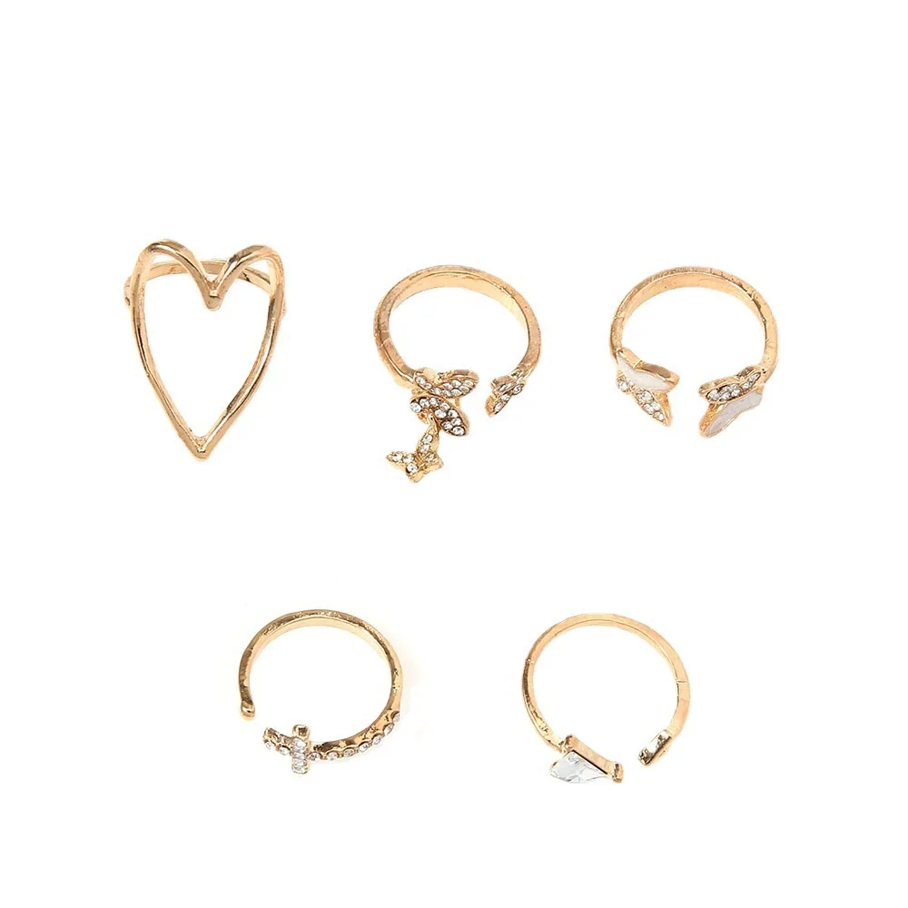 

2021 Vintage Bohemian Ring Sets Heart Butterfly Gold Color Rings Crystal Geometric Knuckle Midi Rings for Women Jewelry Gifts