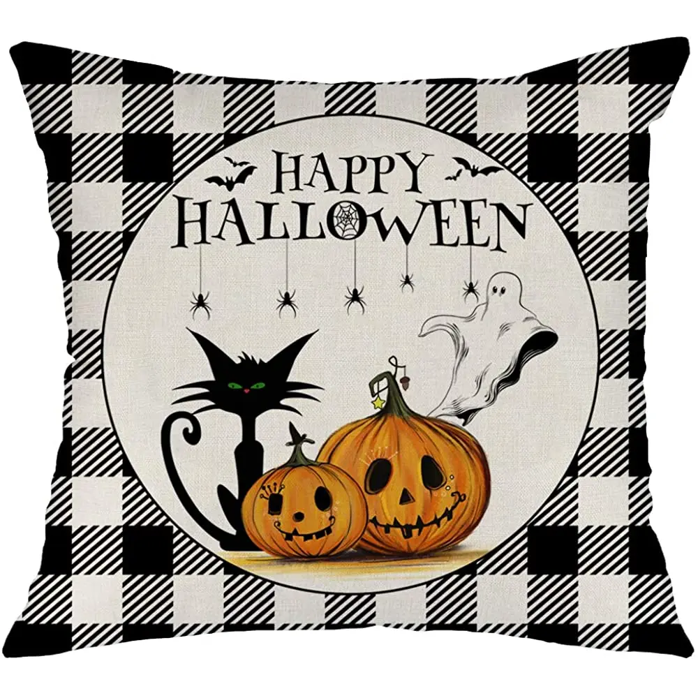 

Wencal Halloween Buffalo Check Plaid Throw Pillow Case Pumpkin Ghost Cat Farmhouse Cushion Cover 18 x 18 Inches