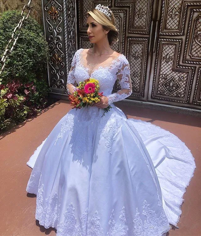 

2020 Princess White Wedding Dresses Long Sleeve Backless long Train Beads Appliques Garden Country Bridal Gowns vestido de novia