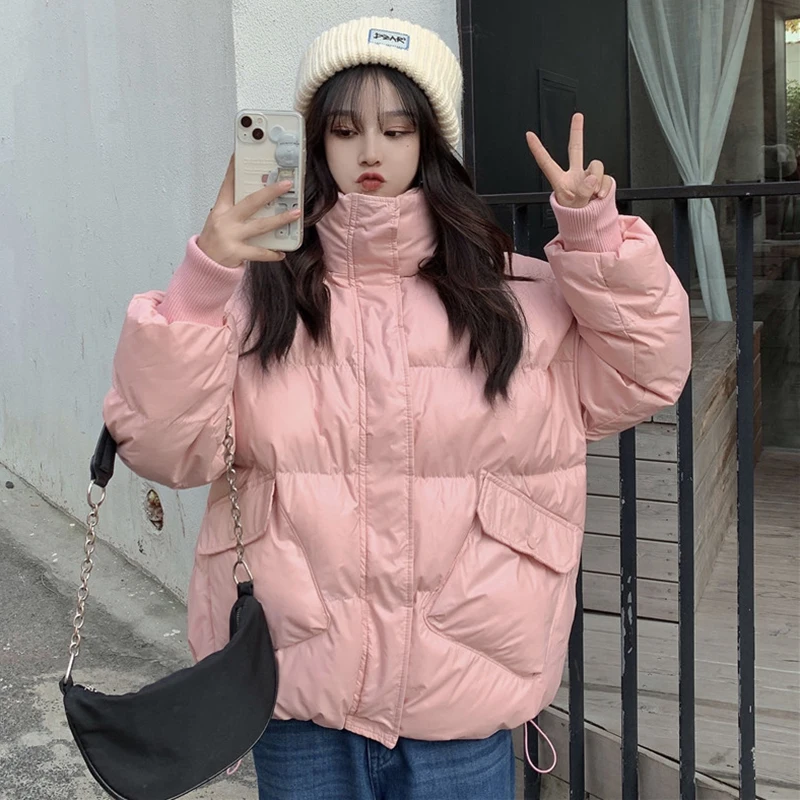 

Lucyever Oversized Stand Collar Women Parkas Fashion Loose Down Cotton Puffer Jacket Female Short Thick Warm Bread Service Coats