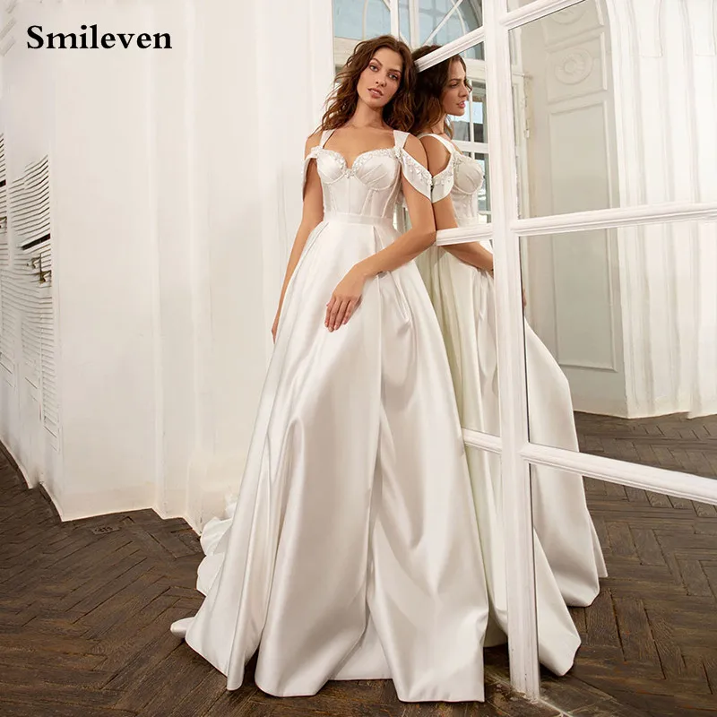 Smileven Summer Beach Wedding dress Beaded Princess Satin Bridal Gowns Off The Shoulder Boho Wedding Gowns Custom Made