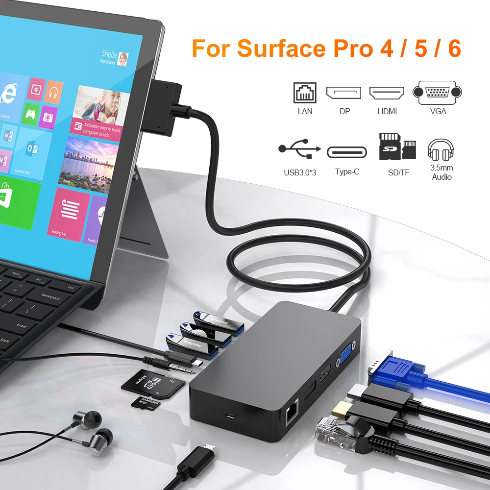 Для micro Foft Surface Pro 4 5 6 HUB RJ45 Gigabit Ethernet USB3.0 usb HDMI VGA DP 3 мм AUX jack USB C конвертер|USB-хабы| |