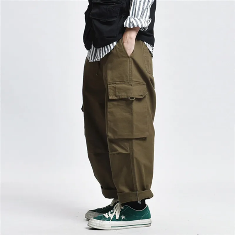 

Multi Pocket Cargo Pants Men Baggy Elastic Waist Work Pants Mens Safari Style Solid Color Casual Wide Leg Trousers