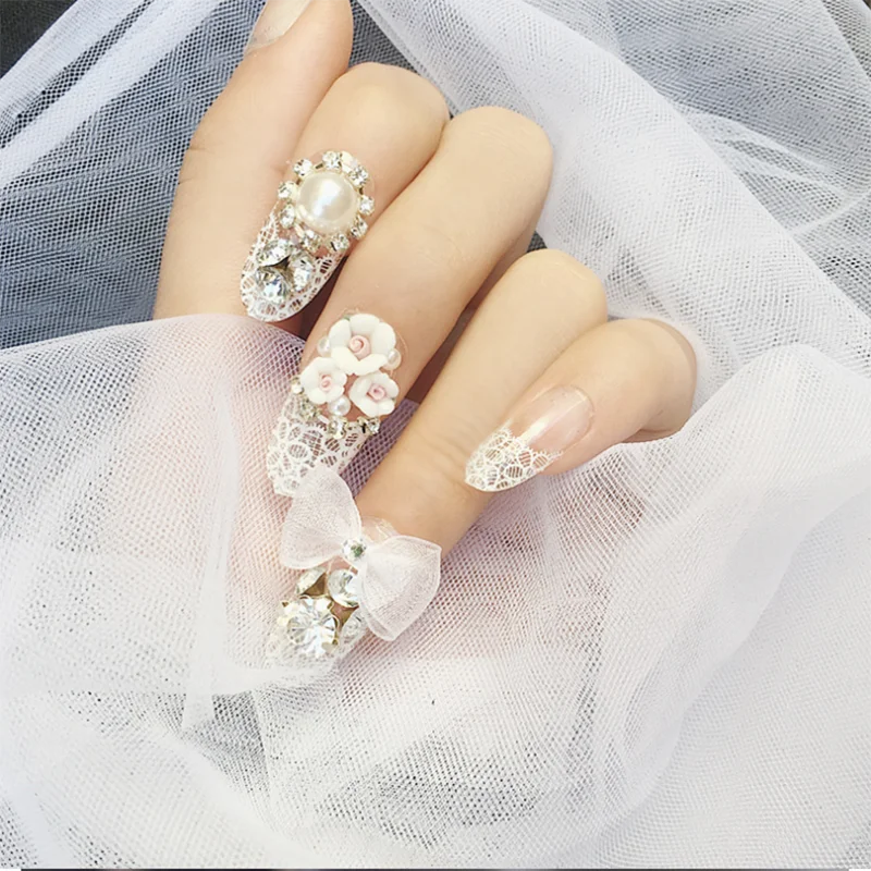 

3Boxes Luxury Fake Nails Rhinestone False Nail Bride Fake Nail Manicure Double Sided Tape Wedding Accessories