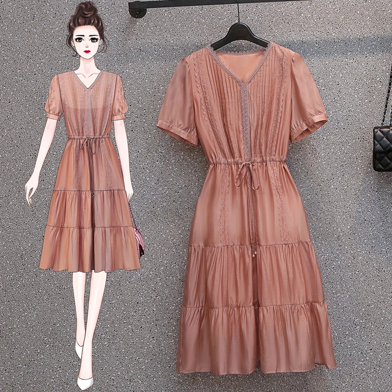 

EHQAXIN Summer Womens Sweet Dresses Fashion V-Neck Lace Pleated Lace-Up Fairy A-Line Long Dress For Female Party Holiday M-4XL