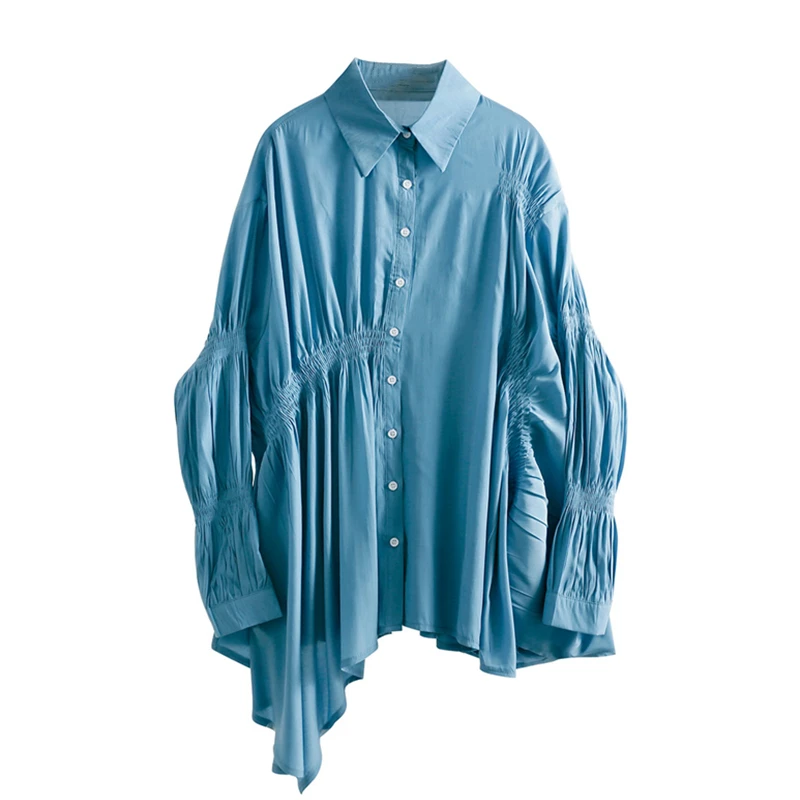 

Spring Autumn Tops Hong Kong Flavor Long-sleeve Irregular Puff-Sleeve Shirt Women Retro Solid Color Pleated Mid-length Shirt Top