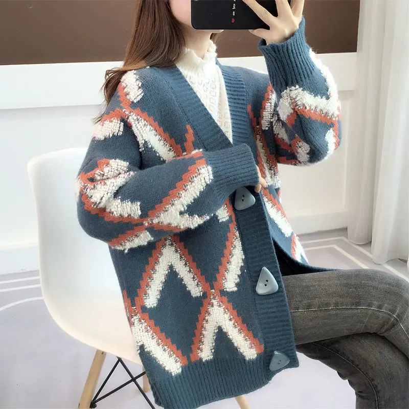 

Вязаный кардиган, женский свитер, новинка 2022, свободная верхняя одежда, осенне-зимний Универсальный повседневный топ с длинными рукавами и ...