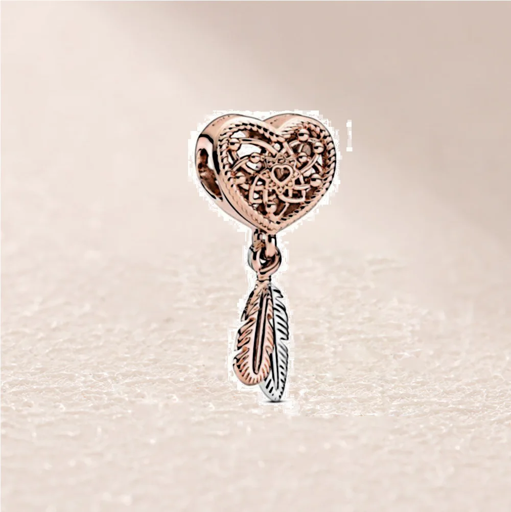 

789068C00 Rose Openwork Heart Two Feathers Dreamcatcher Charm