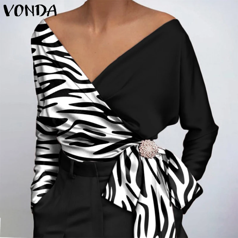 

Women Vintage V Neck Leopard Printed Tops VONDA 2021 Autumn Long Sleeve Pleated Tunic Blouse Bohemian Party Blusas Femininas