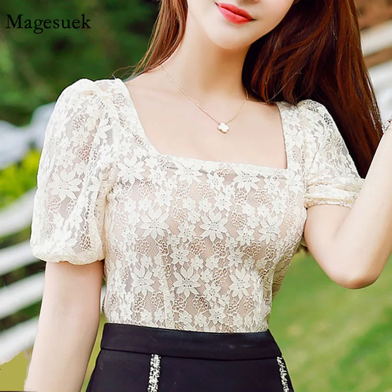 

Vintage Square Collar Floral Lace Blouse Women Sweet Puff Sleeve Hook Flower Hollow Short Tops Summer Korean Apricot Shirt 15424