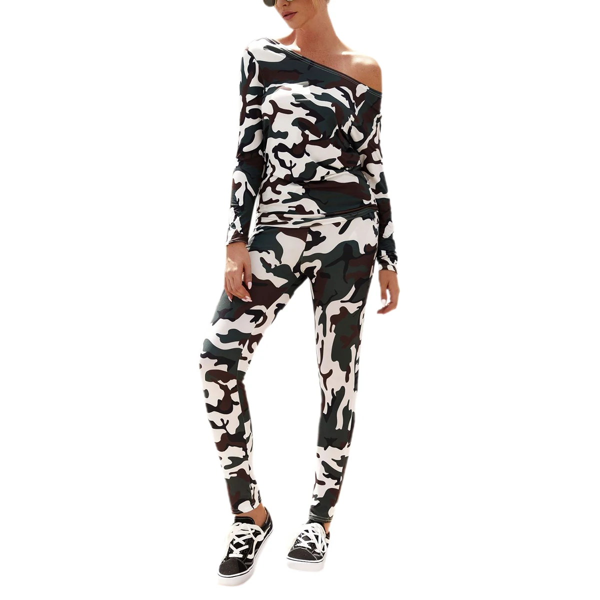 

Fashionable Women's Suit, Long Sleeve Round Neck Long Tight Pants with Camouflage and Cow's Patterns