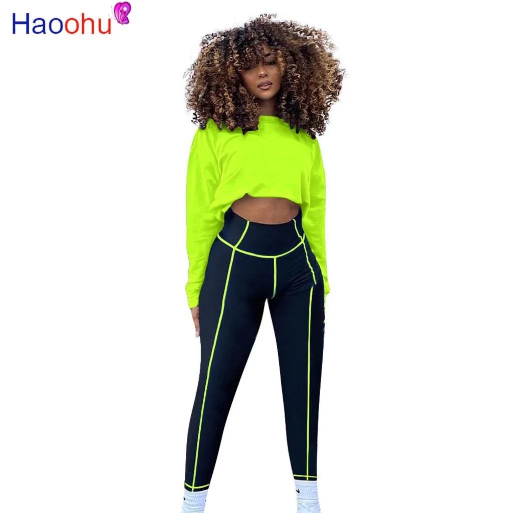 

HAOOHU fashion Long Sleeve Workout Crop Tops+striped Patchwork Skinny Legging Streetwear Outfits Sporty 2 Pcs Matching Sets