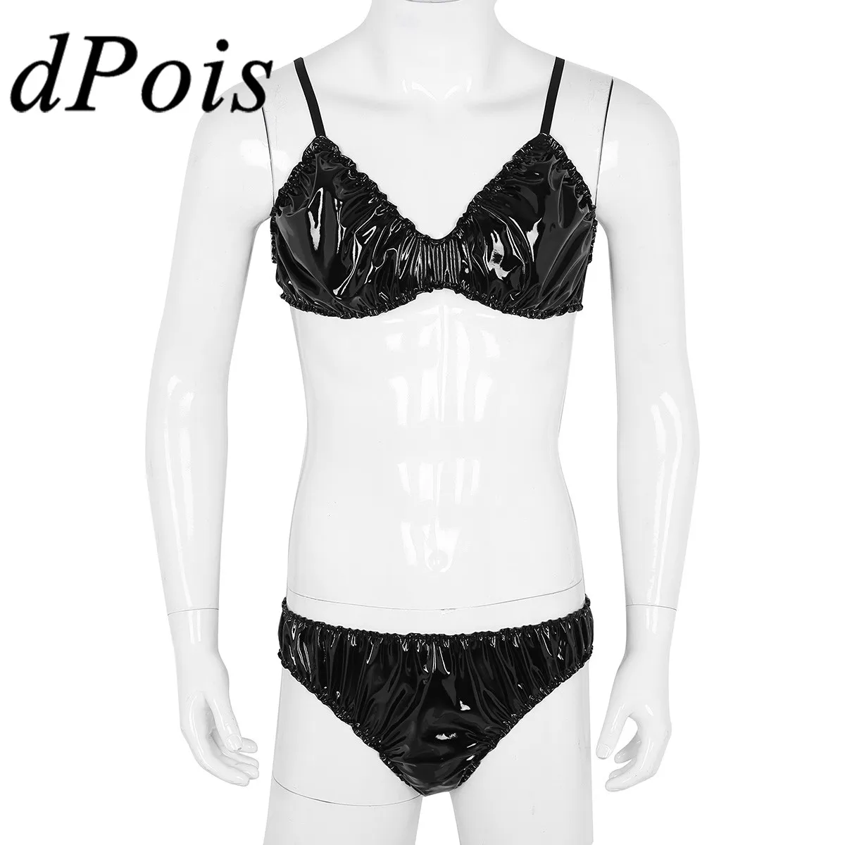 

Комплект мужского нижнего белья из искусственной кожи Sissy Wetlook, плиссированное нижнее белье, топ бюстгальтер на тонких бретелях, сексуально...