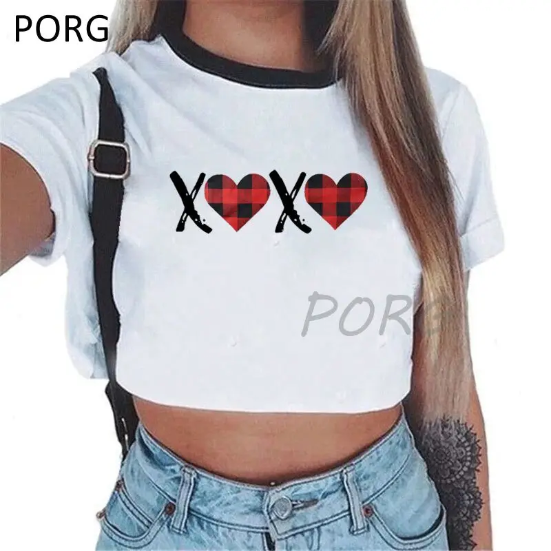 

Xoxo клетчатый костюм с сердечками 2021 Новый Harajuku Ullzang Kawaii Футболка женская Милая футболка 90s забавная футболка в Корейском стиле Стиль укороче...