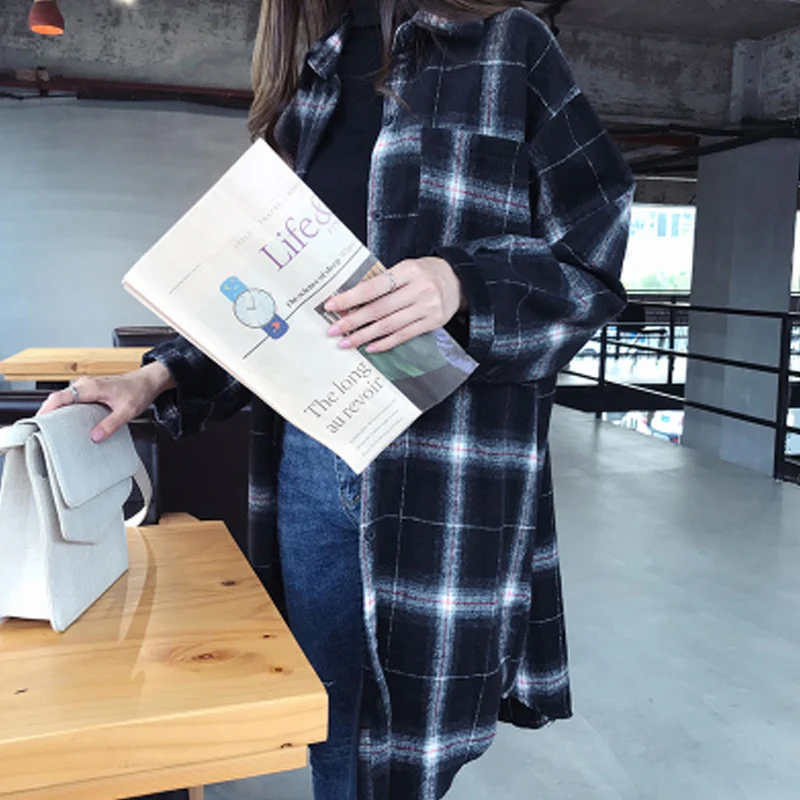 Women Autumn New Retro Loose Black &amp White Plaid Blouse Lapel Long Sleeve Casual Summer Mid-Long Blouses | Женская одежда