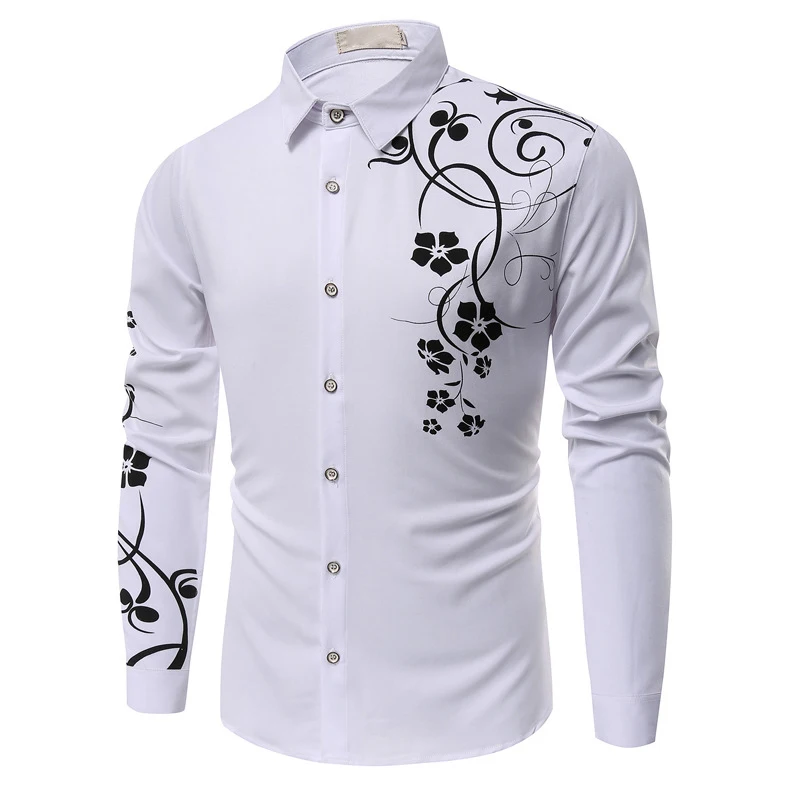 

New 2021 Spring Men Casual Shirts Fashion Long Sleeve Brand Printed Button-Up Formal Business Polka Dot Floral Men Dress Shirt