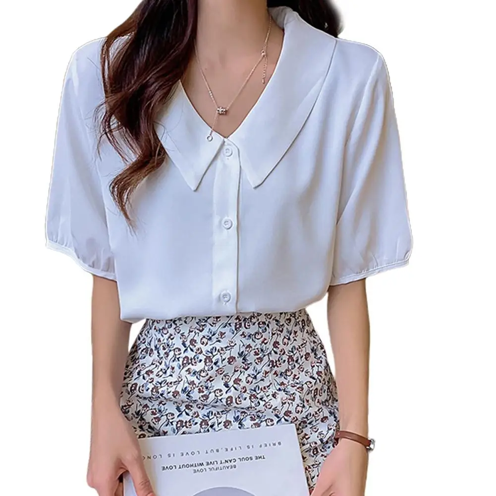 

MISSKY Women's Blouse Summer Solid Color Loose All-match Doll-collar Short-sleeve Chiffon Shirt Female Tops New