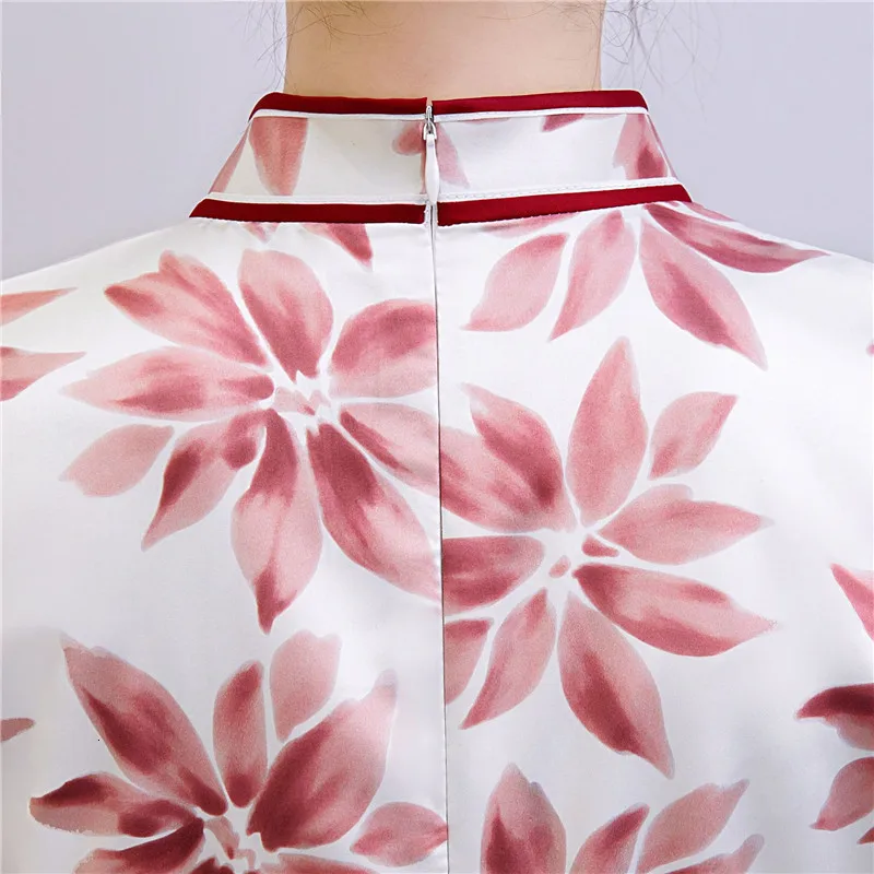 Красное китайское традиционное платье женское шелковое атласное Cheongsam винтажное Ципао летнее платье с коротким рукавом Вечерние Платья с цветочным принтом размера плюс