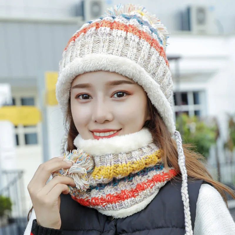 

Winter Women Knitted Hat Snow Caps Scarf Female Warm Hat Scarf Set Fashion Wool Thickening Hat Set Casual