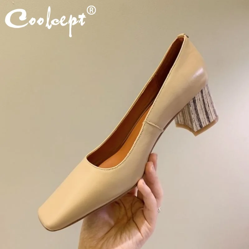 

Coolcept New Women Pumps Real Leather Thick Heel Square Toe Pumps Women Fashion Party Shoes Women Footwear Size 33-40