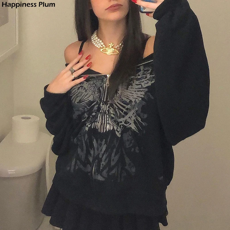 

Butterfly Print Hoodie Jackets Gothic Zip Up Loose Autumn Coats Retro Harajuku Cute Aesthetic Top